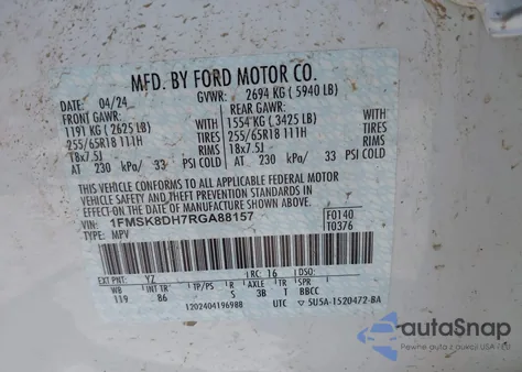 2024 Ford Explorer Xlt из США, поврежденный, VIN 1FMSK8DH7RGA88157